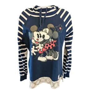 Disney Parks Sweatshirt M Mickey & Minnie Mouse Lovecard Striped Hoodie Blue